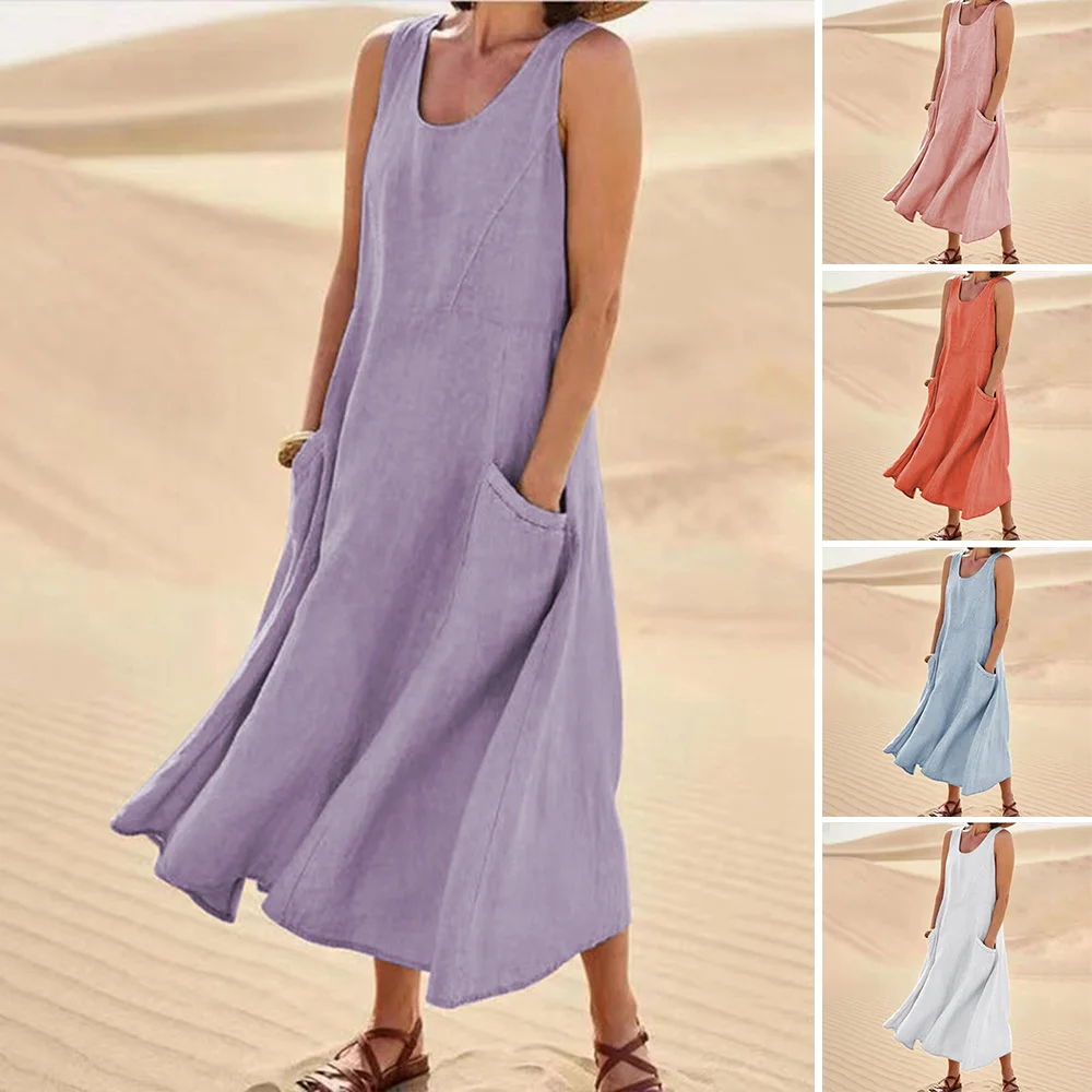 Women\'s Sleeveless Cotton Linen Dress With Pockets Boho Style Beach Tank Dress Summer Coverups Solid Color Loose Fit Nin668