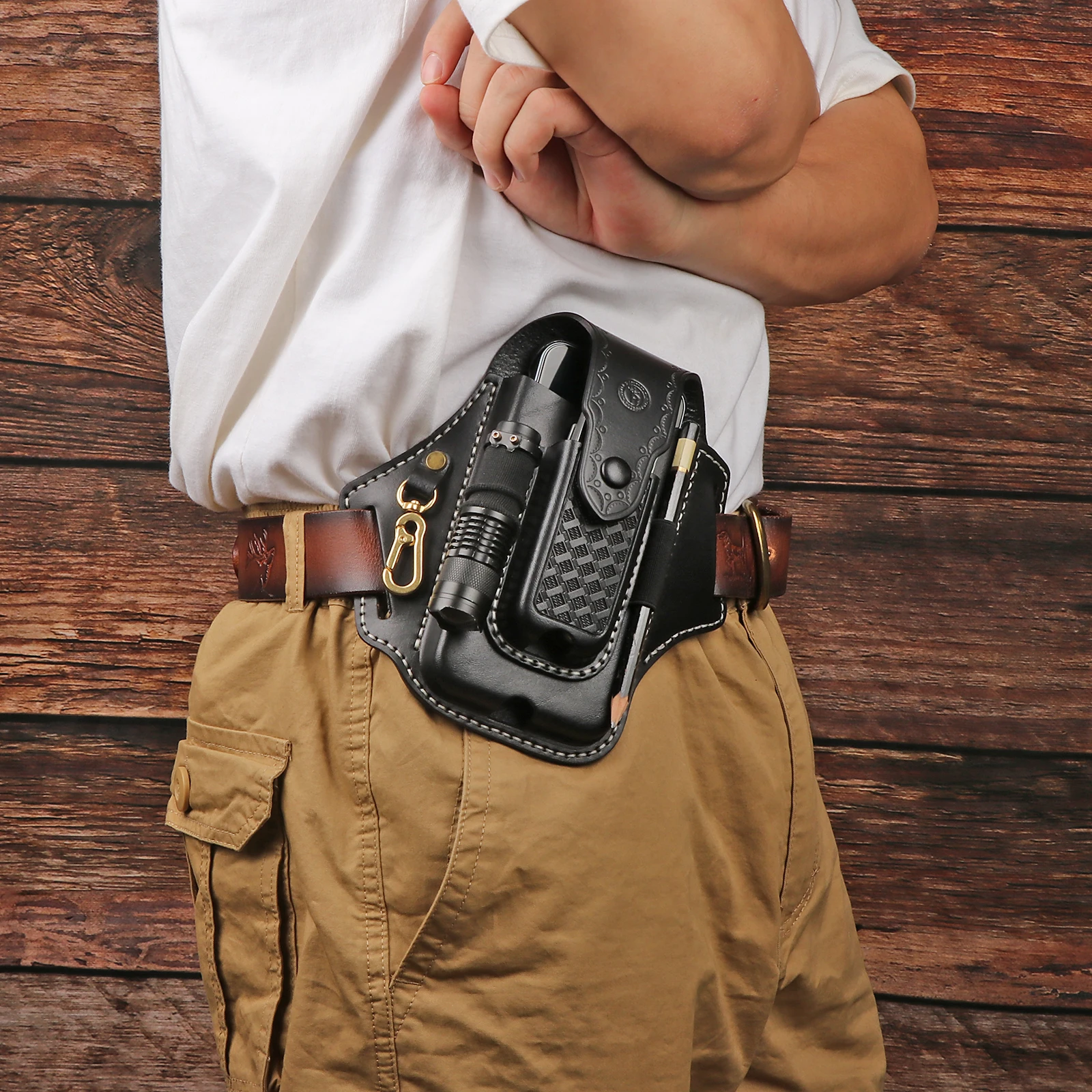 Tourbon Leather EDC Belt Pouch Organizer Double layer Folding Knife Sheath Flashlight Phone Holder with Key Chain Snap Closure