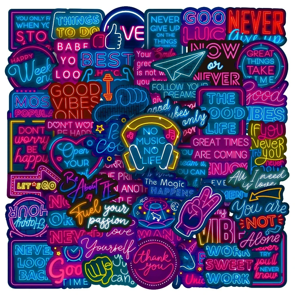 50 Pcs Neon Inspirational Text Stickers Waterproof Vinyl Decals for Phone Luggage Notebook Journal Water Bottles