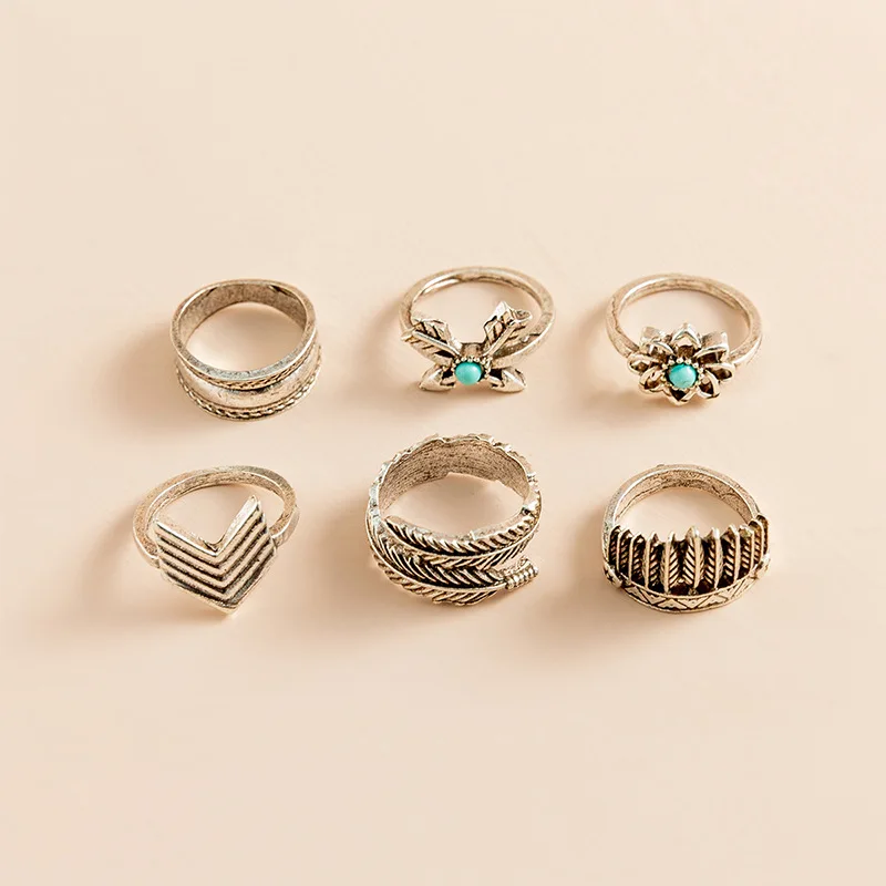 Cross-border turquoise index finger ring does not fade 6-piece set niche literary retro silver leaf lotus ring