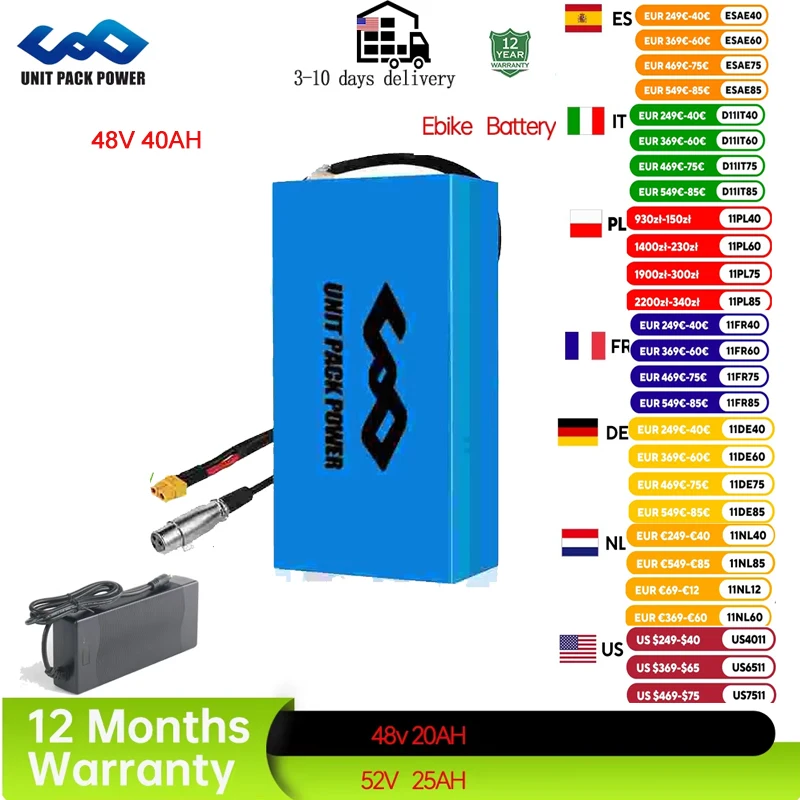 

48V 40Ah 60V 72V Ebike Batteri Pack 52V 50AH 36V Electric Bicycle Escooter Battery 4400W 500W 750W 1000W 1500W 1800W 2000W 3000W