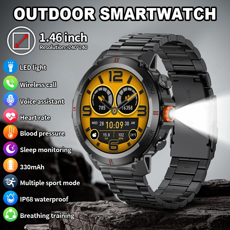 LIGE New Outdoor Sport Smart Watches Men Flashlight Bluetooth Call IP68 Waterproof Fitness Watches Men Smartwatch For Andrio IOS