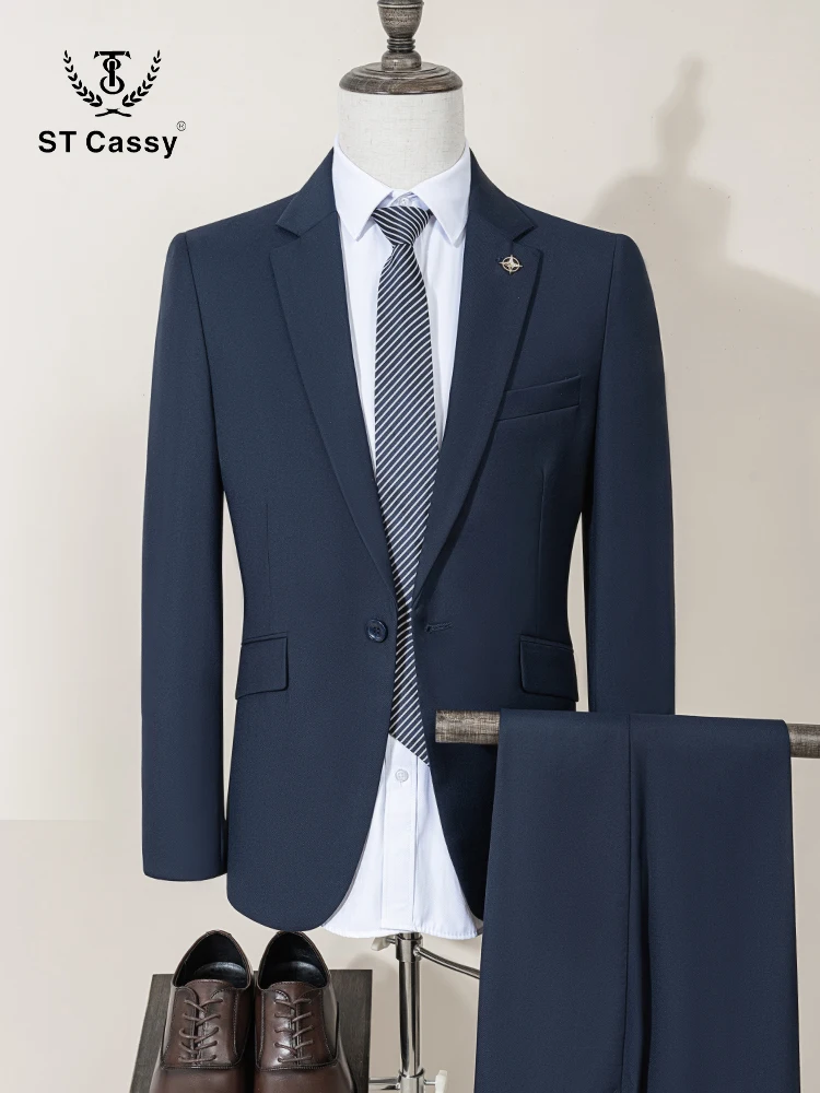 

ST Cassy Dark Blue Men's Suit Slim Fit Solid Color Suit Formal Business Office Single Breasted Coat Pants 2 Pieces Set