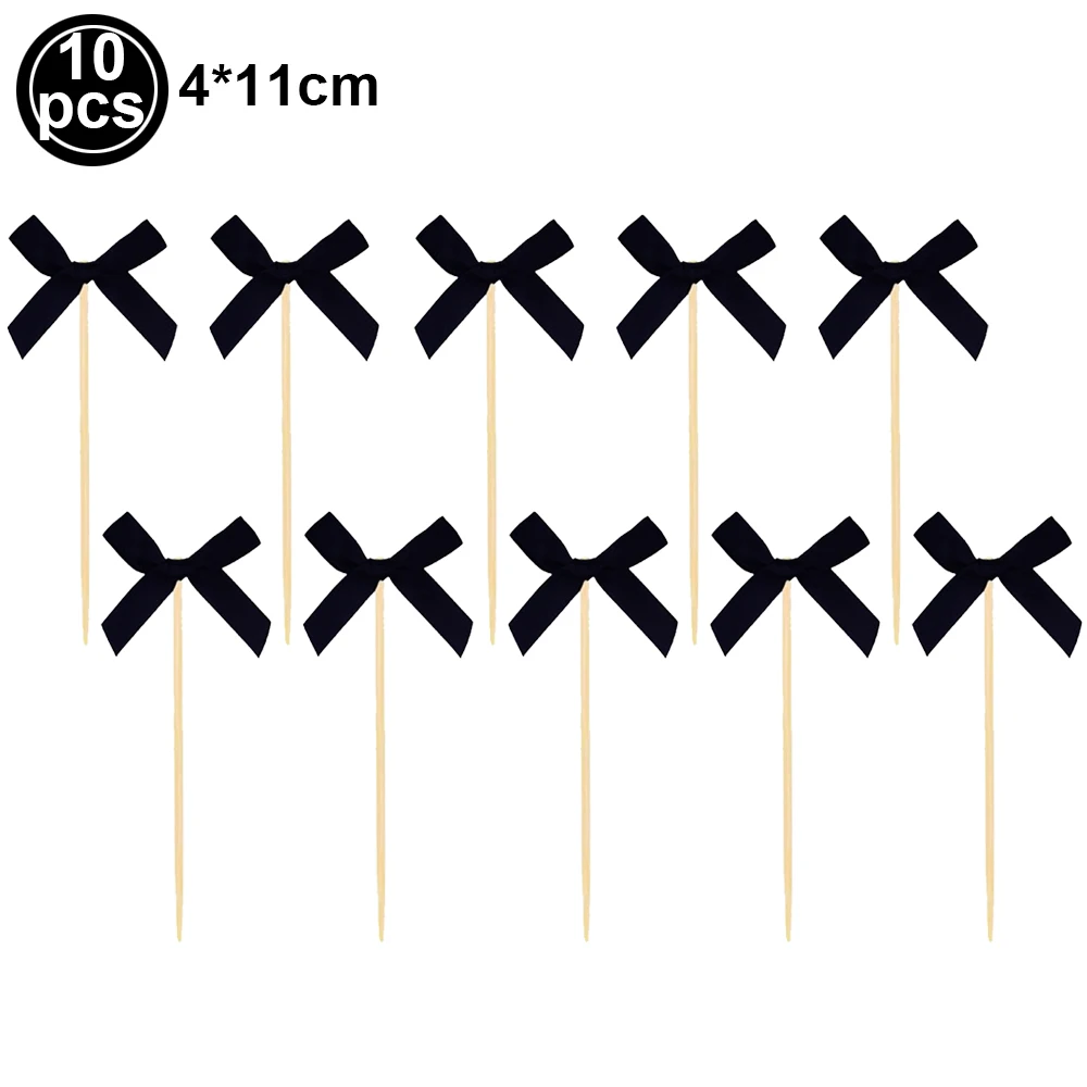 10pcs/Pack Black Pearl Bow Cupcake Topper Bow Cake Topper Coquette Theme Party Decoration for Wedding Bridal Shower Bachelorette view 2