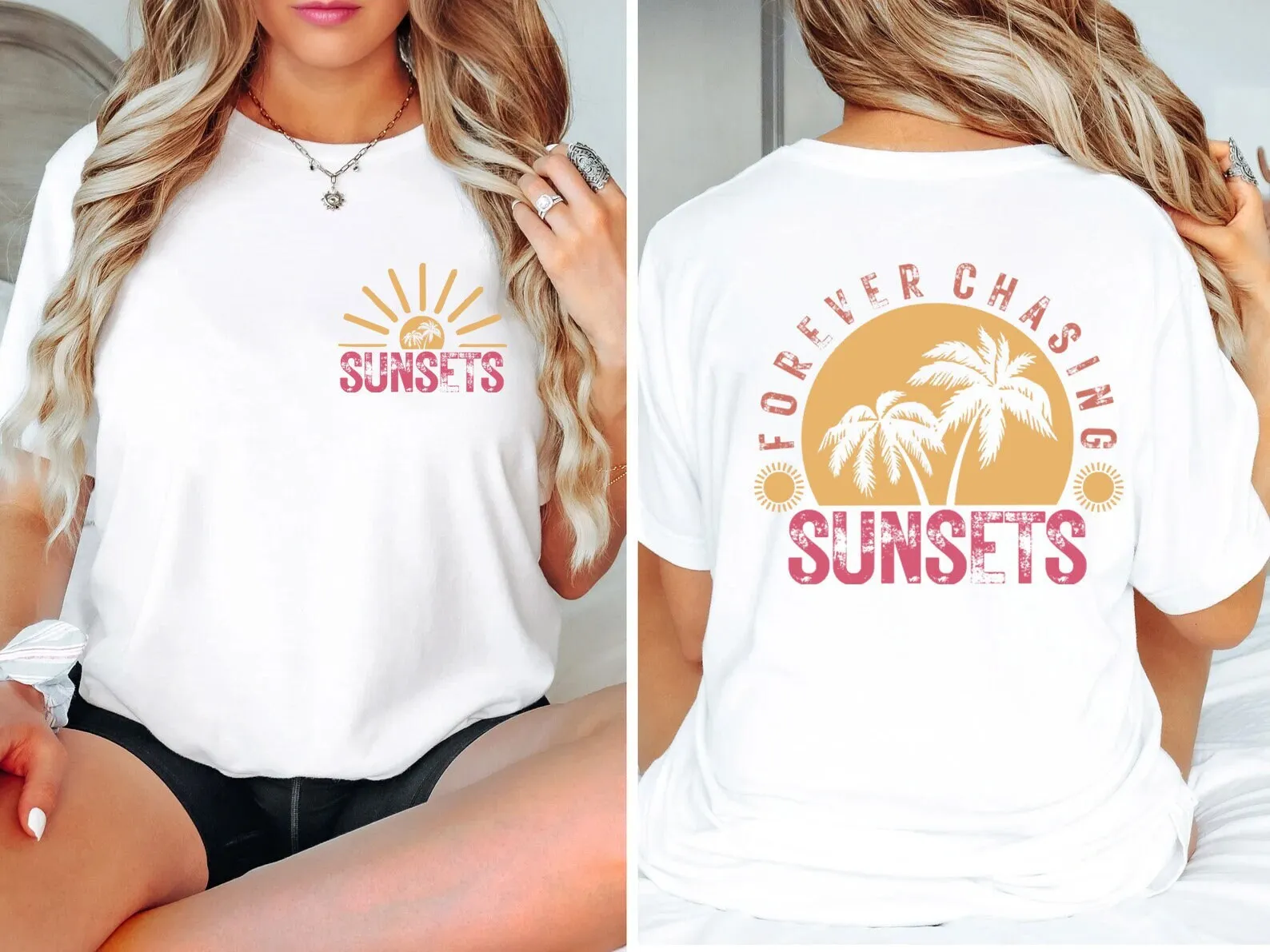 Forever Chasing Sunsets T Shirt Summer Beach Vacation Girls Trip For Friend Travel