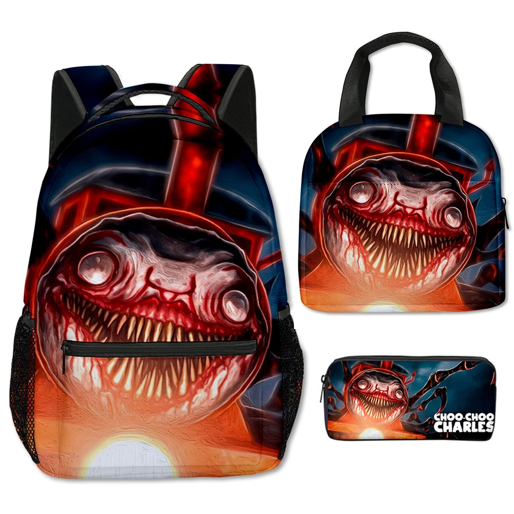 Classic Popular Funny Choo-Choo Charles 3D Print 3pcs/Set School Bags Travel Notebook Backpack portable Lunch bag Pencil Case