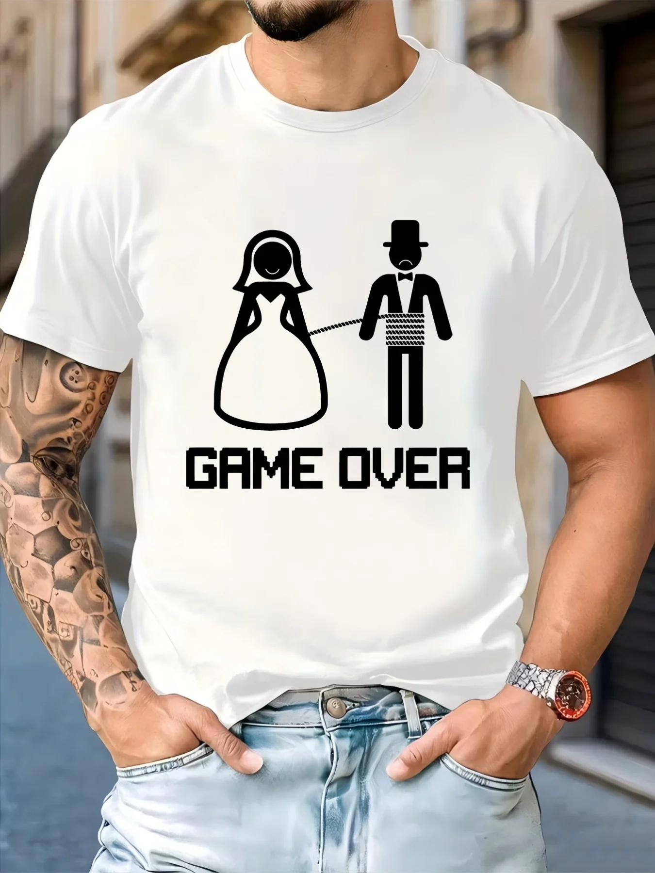 GAME OVER Wedding Sketch Pattern Printed Men'S T-Shirt, Funny And Trendy, Soft And Skin-Friendly, Suitable for All Seasons, Short Sleeve