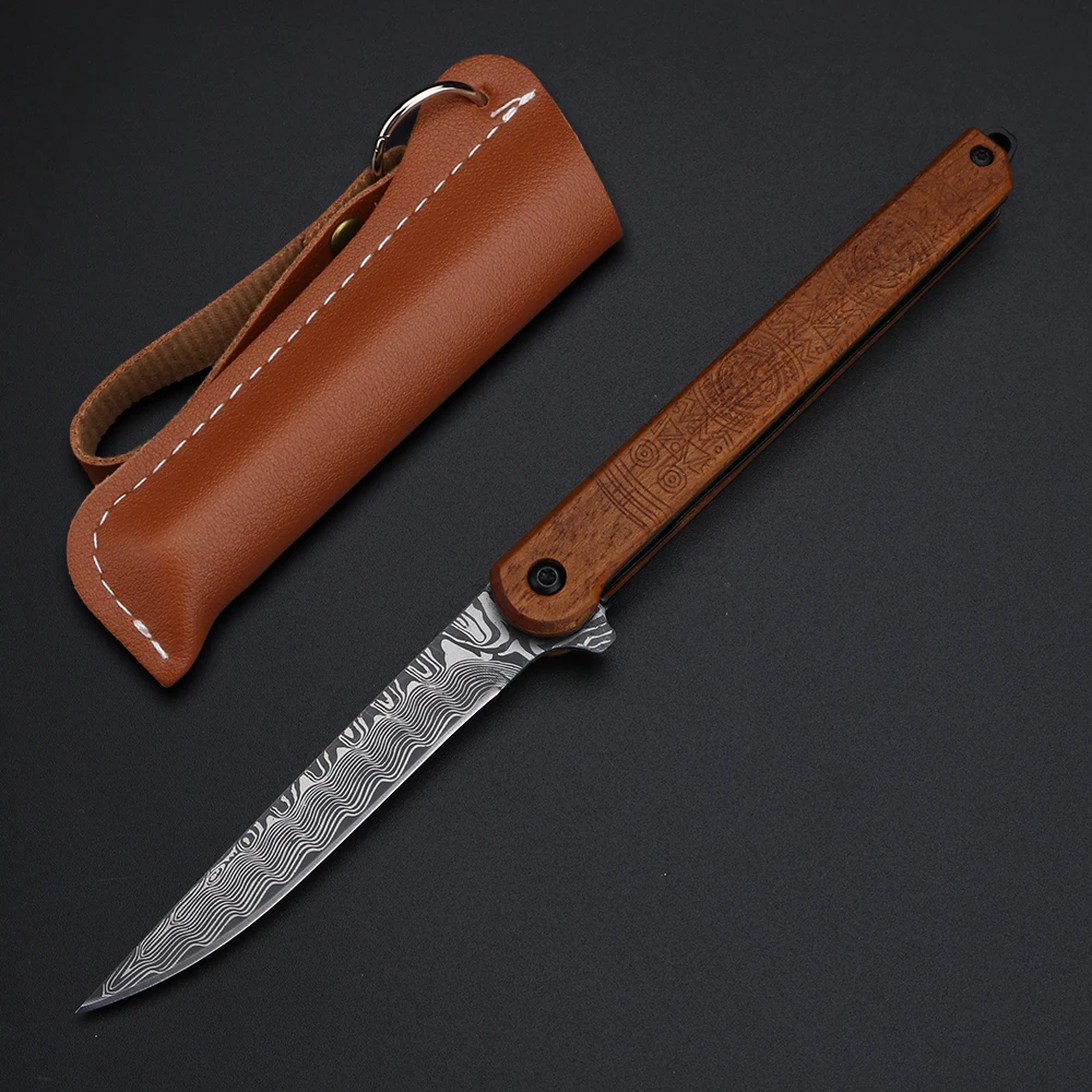 Imagem -04 - Sândalo Faca Dobrável Faca de Damasco Alta Dureza Acampamento ao ar Livre Ferramenta Edc Incluindo Scabbard Amarelo
