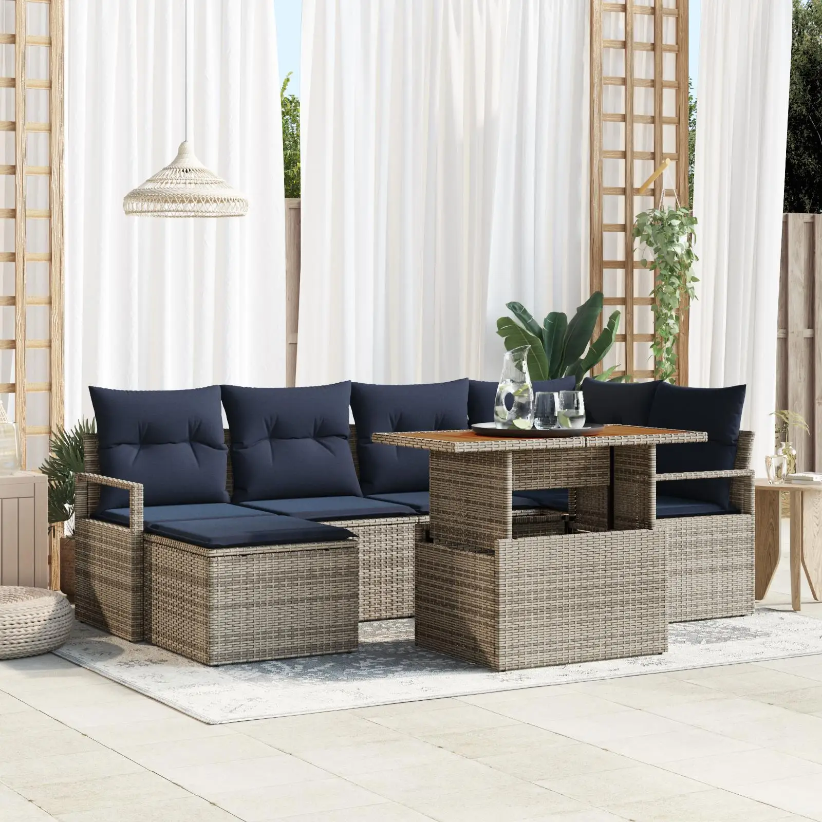 

7 Piece Grey Poly Rattan Garden Sofa Set with Cushions Acacia Furniture Outdoor Seating