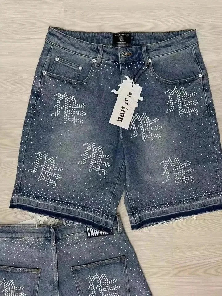 Retro Pattern Rhinestone Decorated Loose Fit Men's Denim Shorts Y2K Hip Hop Five-Point Cotton Polyester Blend Summer Shorts