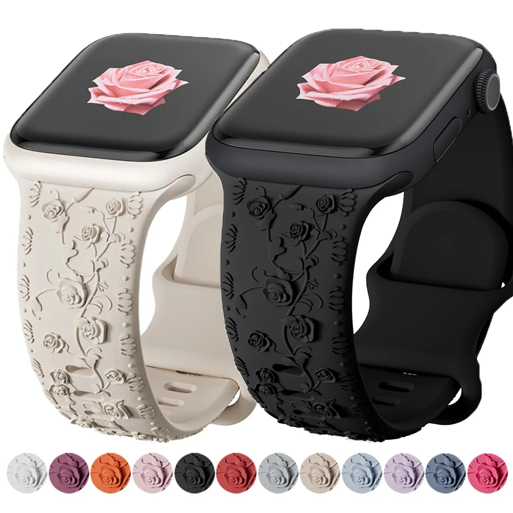 Floral Engraved Band for Apple Watch 44mm 40mm 49mm 45mm 41mm 42mm Silicone Strap Iwatch Ultra 2 Series 9 8 7 6 SE 5 4 3 Correas