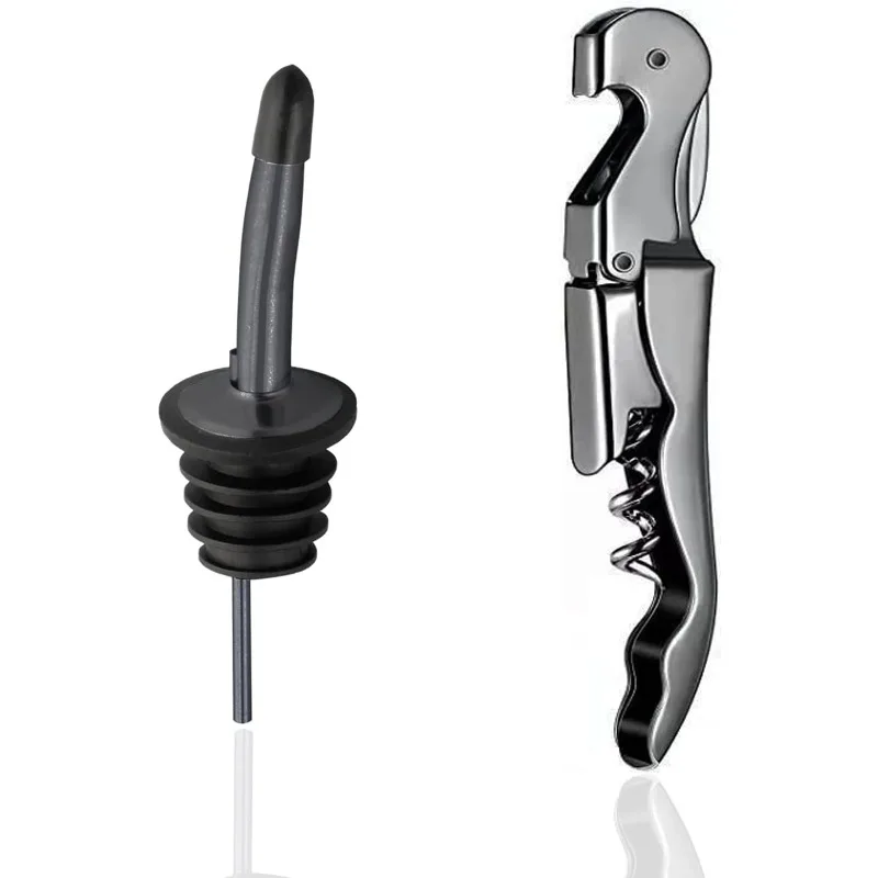 Professional Waiter Corkscrew Wine Opener & Liquor Bottle Pourer Set Foil Cutter Stainless Steel Double Hinged Wine Key