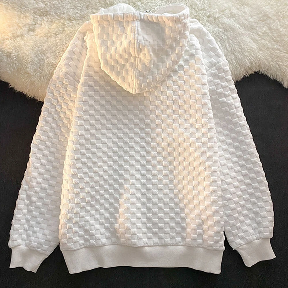 Womens hooded sweatshirt loose waffle check pattern with zipper pocket drawstring longsleeved casual street style outerwear