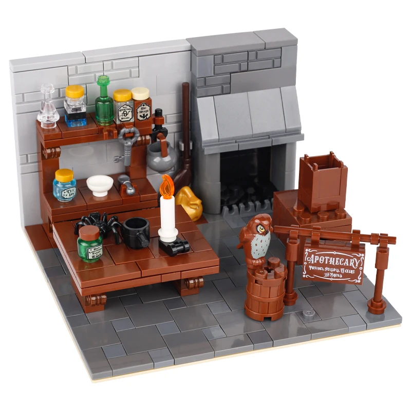 MOC Medieval Alchemy Room Building Blocks Potion Refine Workbench Witches Workroom Furniture Jar Bricks Toys Kids Gift
