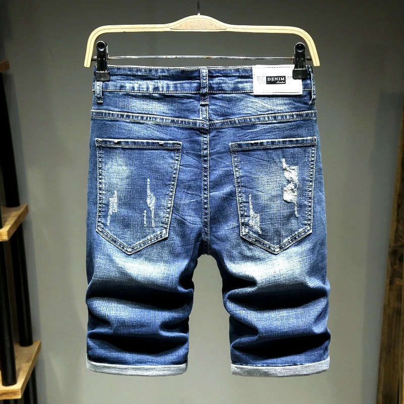 2026 New Men's Blue Hole Denim Shorts, Summer Casual Jeans Shorts Asian Sizes 28-36 38 40