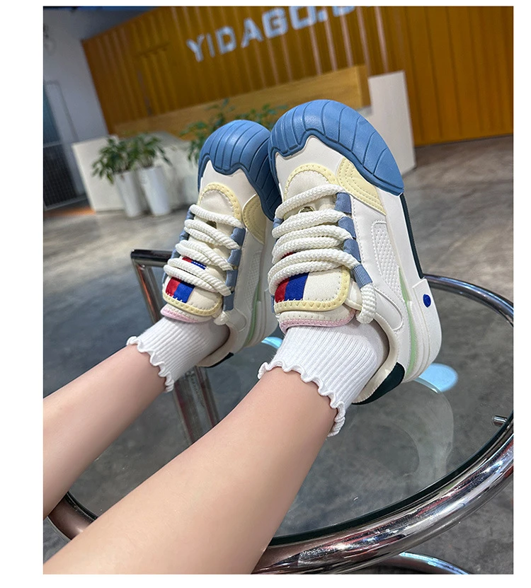 Macaron-Farbblock-Skateschuhe aus Kunstleder für Damen, Wave-Shell-Zehenkappe, Schnürschuhe, Low-Top-Sneaker mit pastellfarbenem Kontrastbesatz – Detail 14