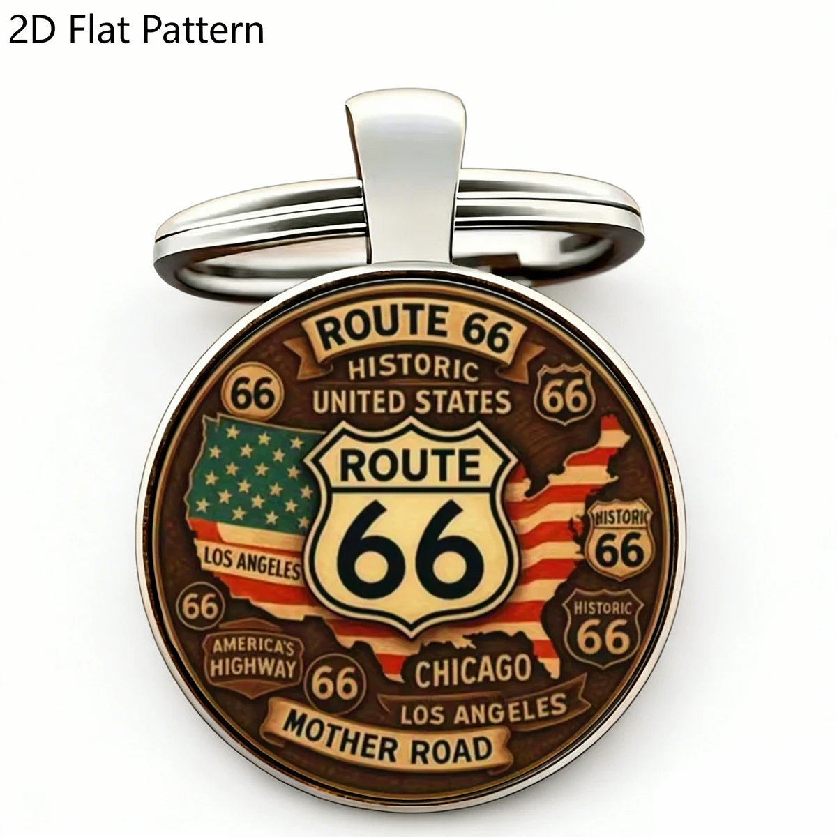 1pc USA Route 66 Mother Road Keychain Round Glass Dome Key Ring Historic American Highway Vintage Travel Souvenir Key Chain Gift