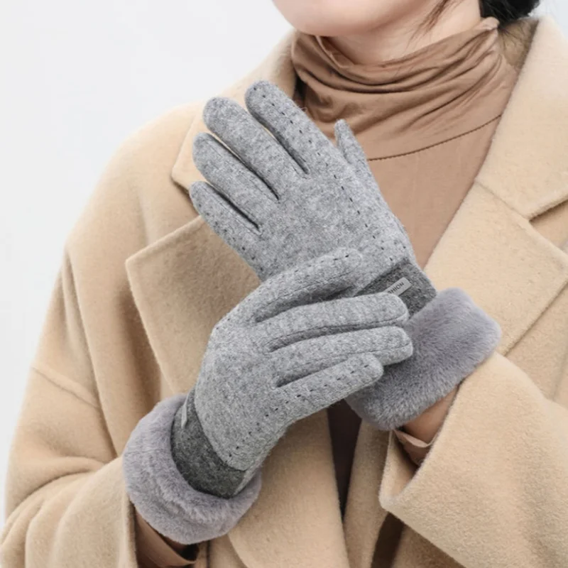 Gants en laine coupe-vent à écran tactile pour femmes, gants de conduite chauds, double optique, peluche, doigt complet, mode féminine, automne,