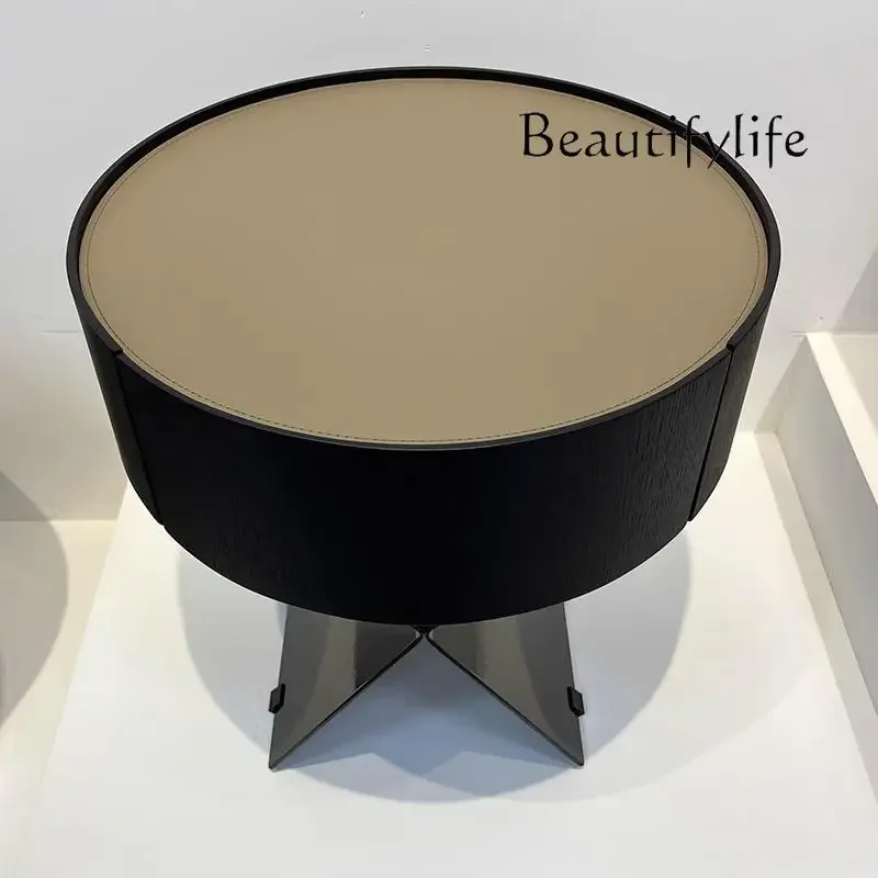 

R Italian Saddle Leather Bedside Table Versatile Creative Bedside Table Senior Light Luxury Designer Solid Wood Edge Table