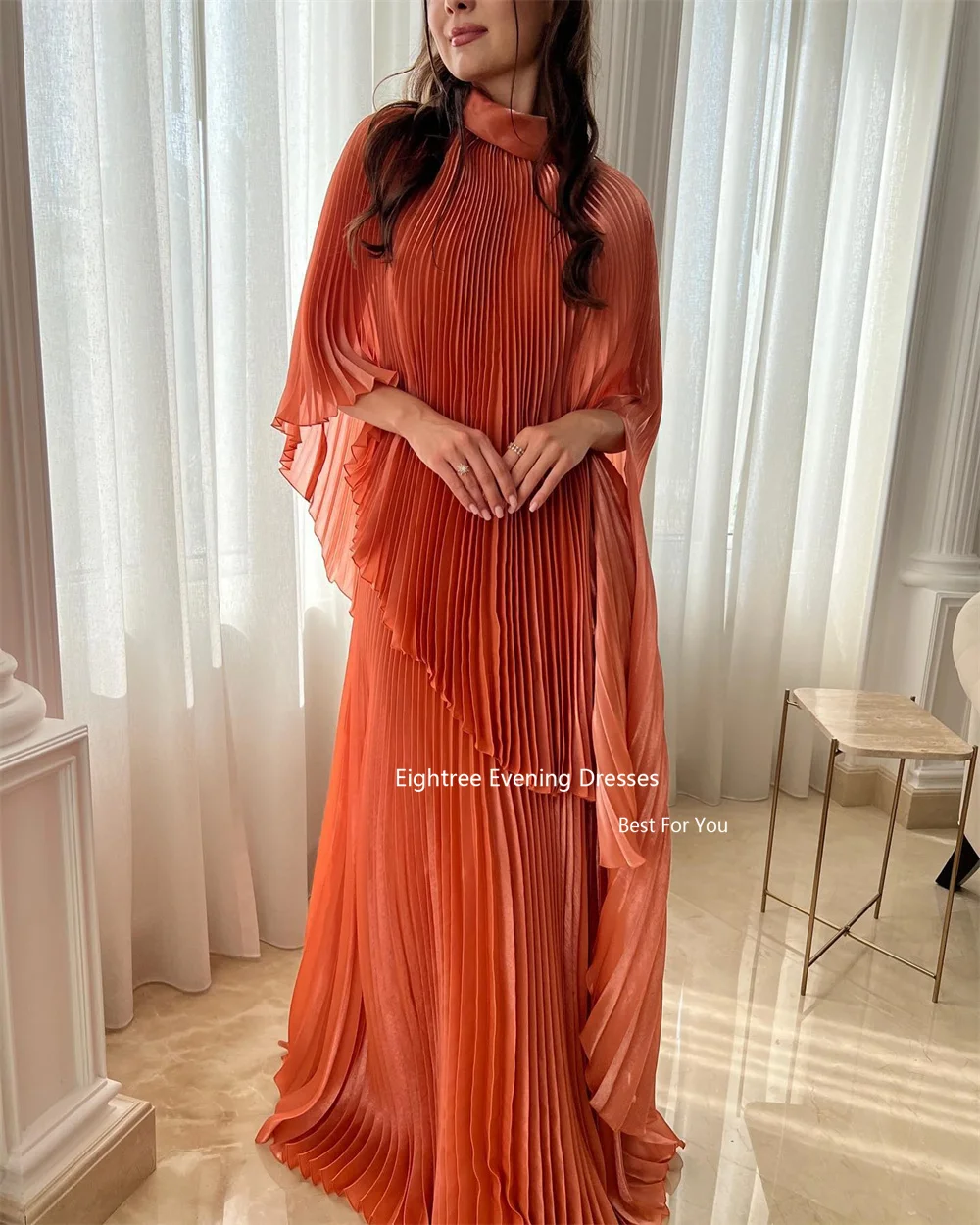 Eightree Formal Occasion Dresses Long Prom Dresses Oragnge Pleat O Neck Floor Length Robes Bal De Promo Robe Femme Soirée 2023