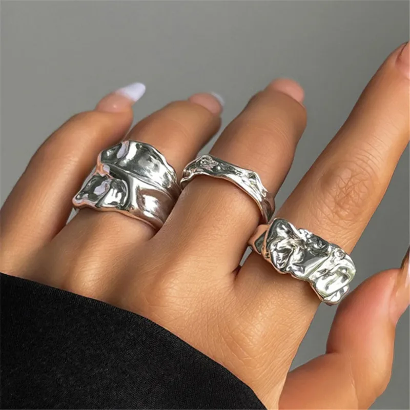 Punk Vintage Irregular Open Ring for Women Men Vintage Silver Color Liquid Metal Style Finger Y2K Accessories Fashion Jewelry