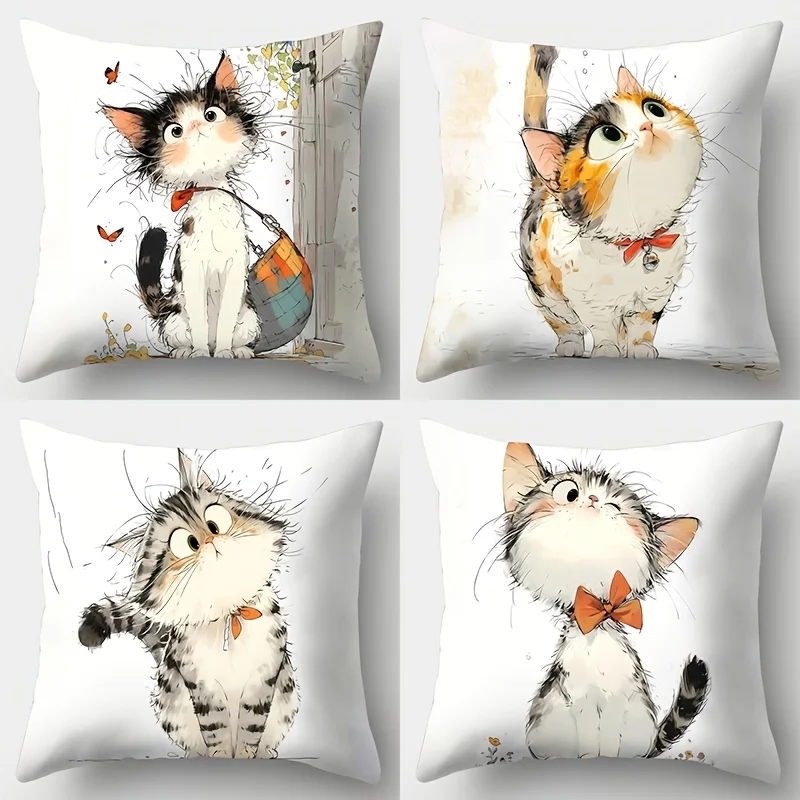 

Four-Pack Soft Comfortable Cat Patterned Pillowcases Festive Party Daily Use Cute Animal Design No Inserts Included