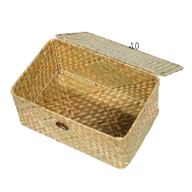 Hand-woven Wicker Storage Box Natural Seagrass Storage Baskets with Lid Sundries Container Household Rectangular Organizer