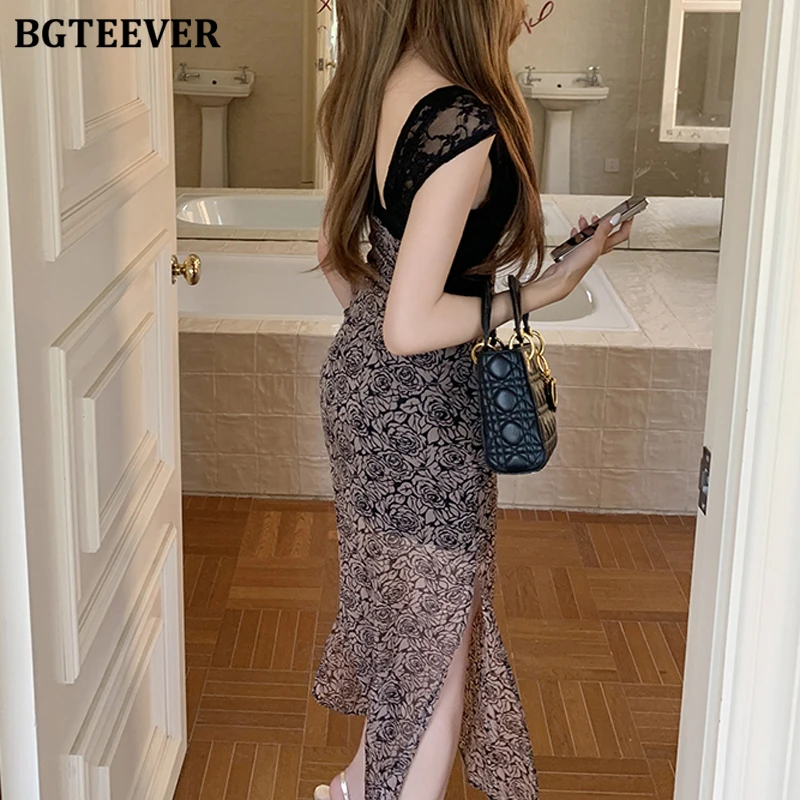 BGTEEVER الصيف الخامس الرقبة المرقعة الدانتيل Bodycon فستان مُزين بطباعة للنساء أنيقة سليم Laides بلا أكمام حزمة الورك سبليت فستان