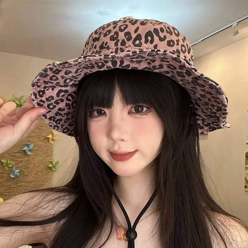 

Korean Ins Fashion Hottie Pink Leopard Print Bucket Hats for Women Summer Travel Sunscreen Trendy Cool Niche Y2k Sun Hat Men