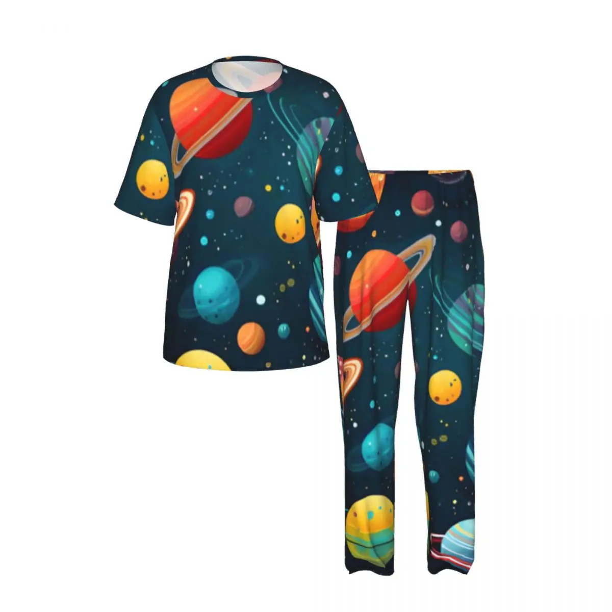 Men Pajamas Set Colorful Planets In Space And Stars Twinkling Short Sleeve Spring Summer Lounge Sleepwear Male Nightwear