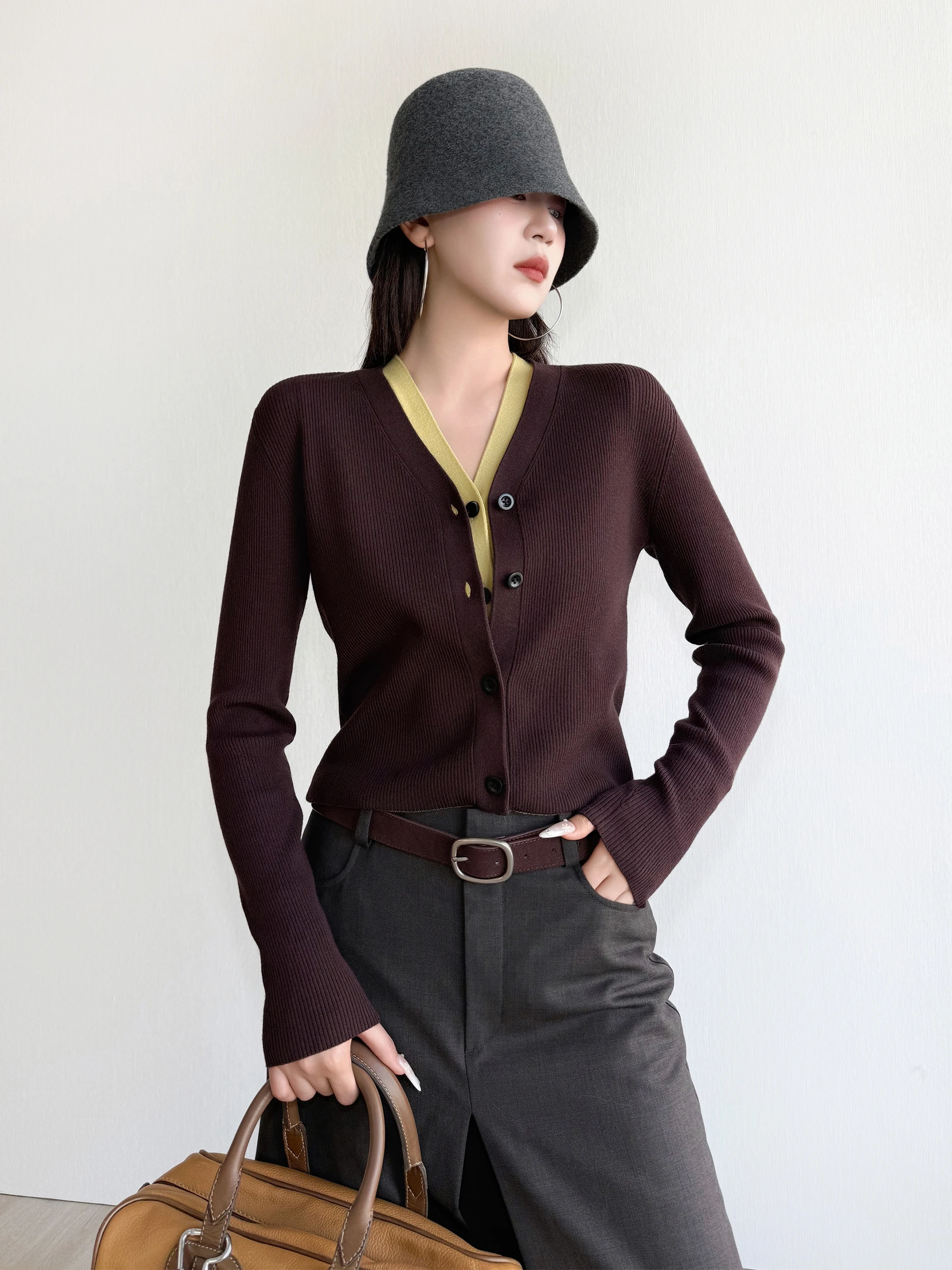 

Женский теплый модный свитер Nancy Cavally Select из тонкой шерстяной пряжи с V-образным вырезом и пэчворком, в уличном стиле, с длинными рукавами