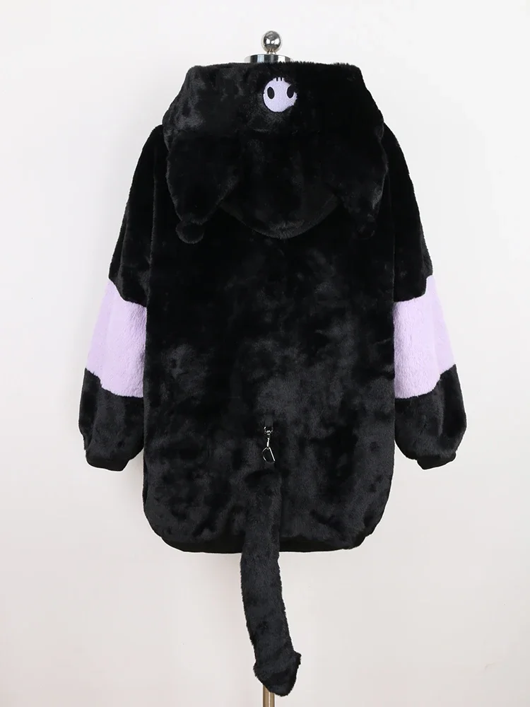 Nerazzurri Winter Thick Warm Soft Harajuku Kawaii Sweet Cute Lovely Faux Fur Hoodie Women Fluffy Jacket with Bunny Ears and Tail