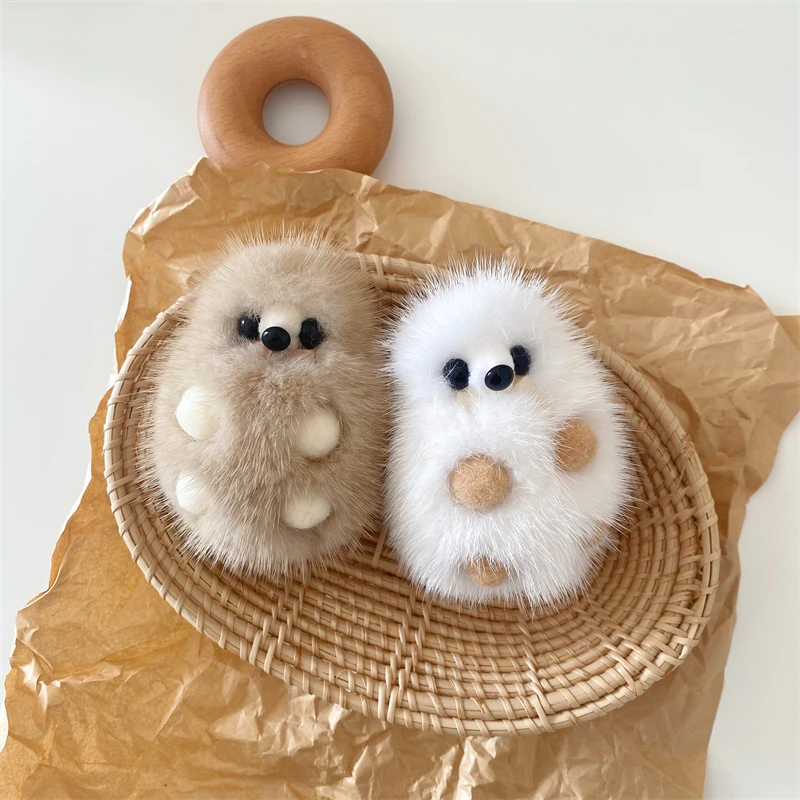 Hedgehog Cute Keychain Real Mink Fur Key Ring for Women Fluffy Bag Car Purse Accessories