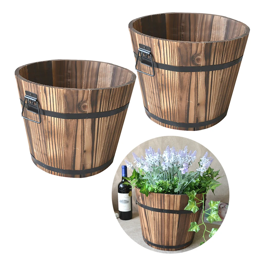 Set Of 2 Rustic Wood Bucket Barrel Whiskey Flower Garden Decoration Planters Pot with Handle for Home flower pot