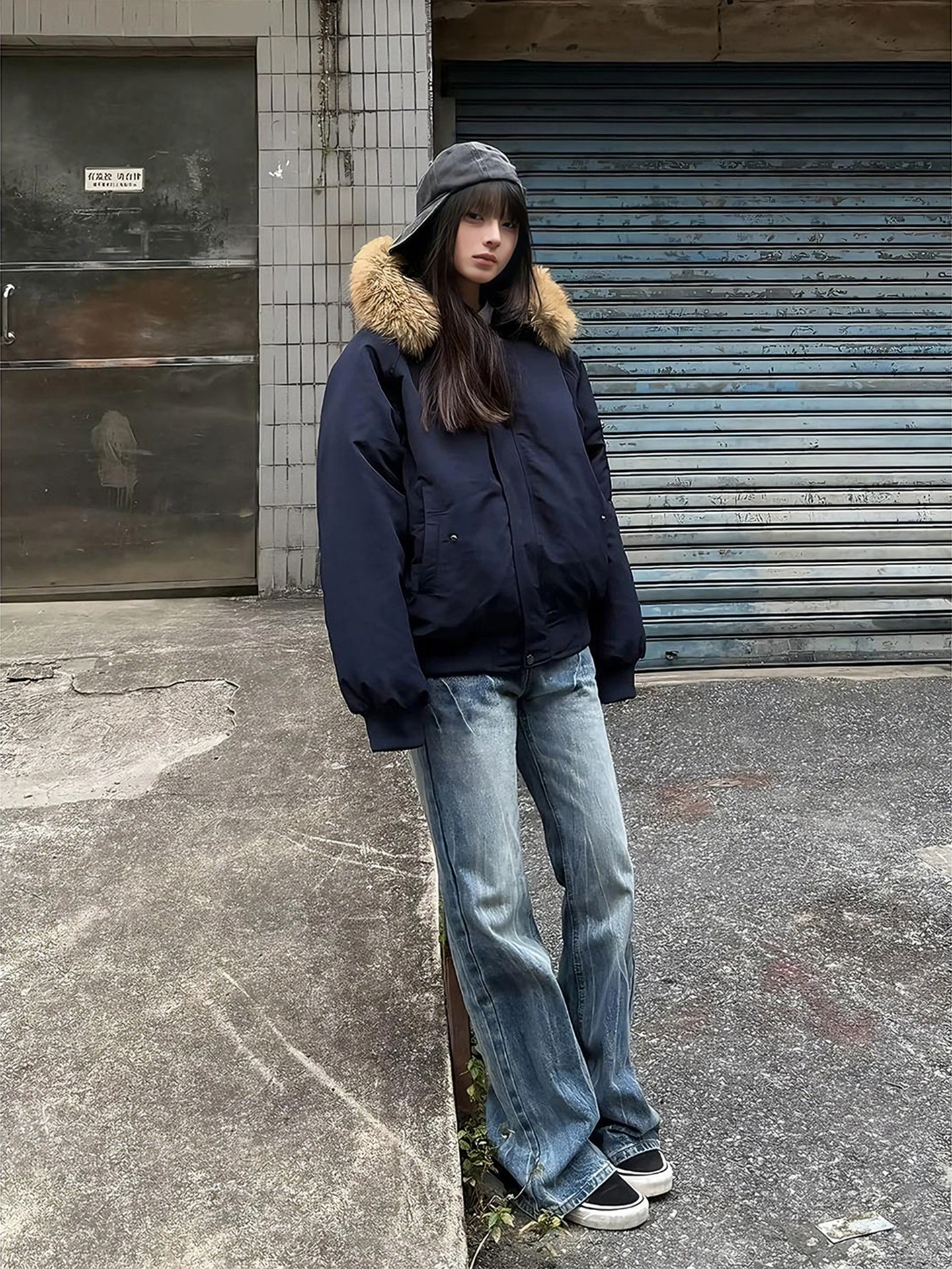 

American High Street Style Men's down Cotton Jacket Winter Thickened Hooded Workwear Coat Large Fur Collar Couple's Bread Coat