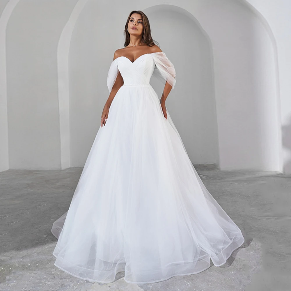 Customized Modern Wedding Dress Off The Shoulder V Neck Pleat Sweep Train Soft Tulle A Line Floor-Length Corset Bridal Gown 2026
