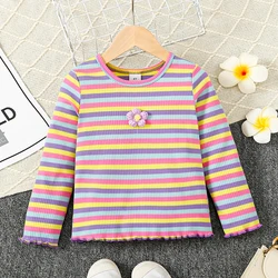 Spring Autumn Girls Sweater Round Neck Long Sleeved Knitted Sticker Colorful Stripe Pattern Top Fashionable Kids