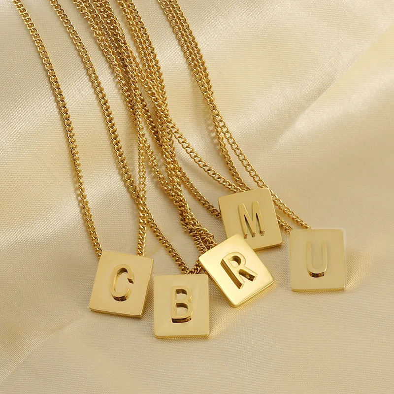 18K 3d nameplate necklace Waterproof Gold Color stainless steel square 26 Initial letter clavicle chain pendant for women men