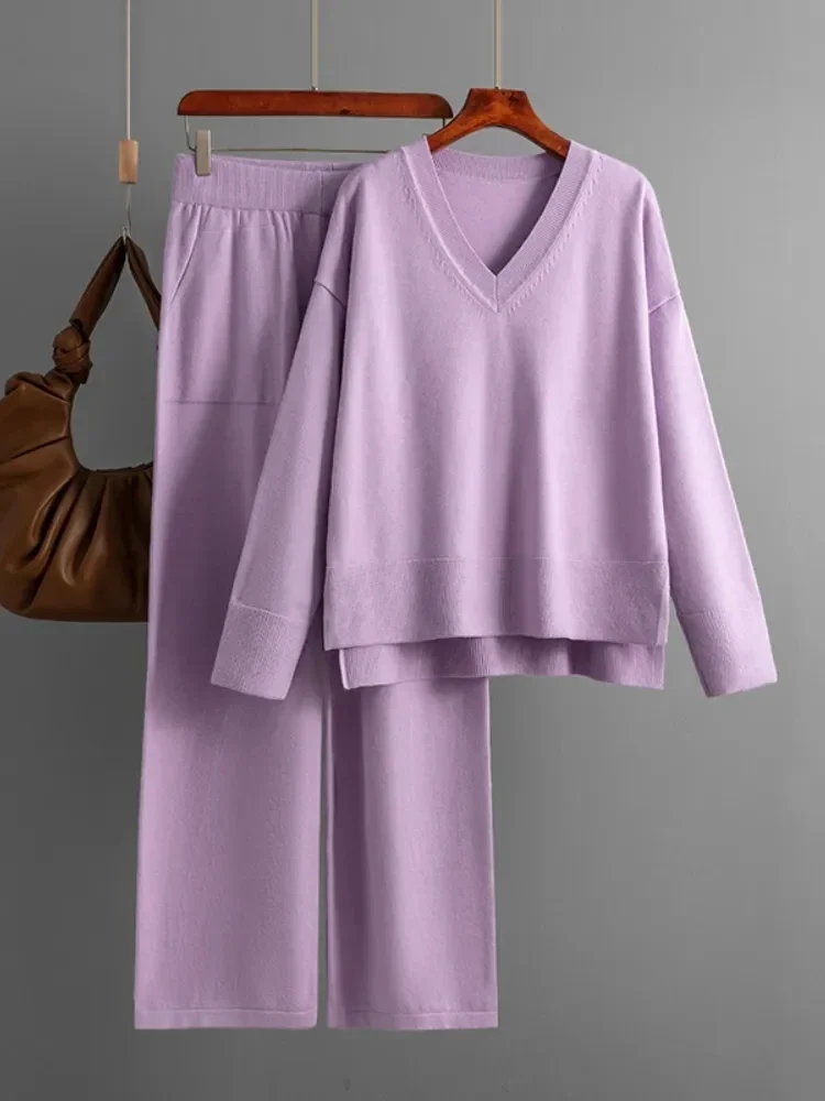 Knitted Sweater 2 Peice Set Sleepwear Women Winter Autumn Warm V-Neck Pullover Straight Pant Suits Casual Loose Tracksuit Women