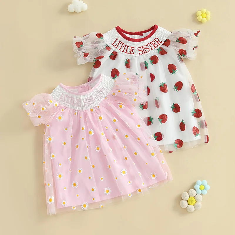 Tregren Infant Baby Girls Princess Dress Summer Short Sleeve Flower/Strawberry Embroidery Letters Cute Tulle A-Line Party Dress