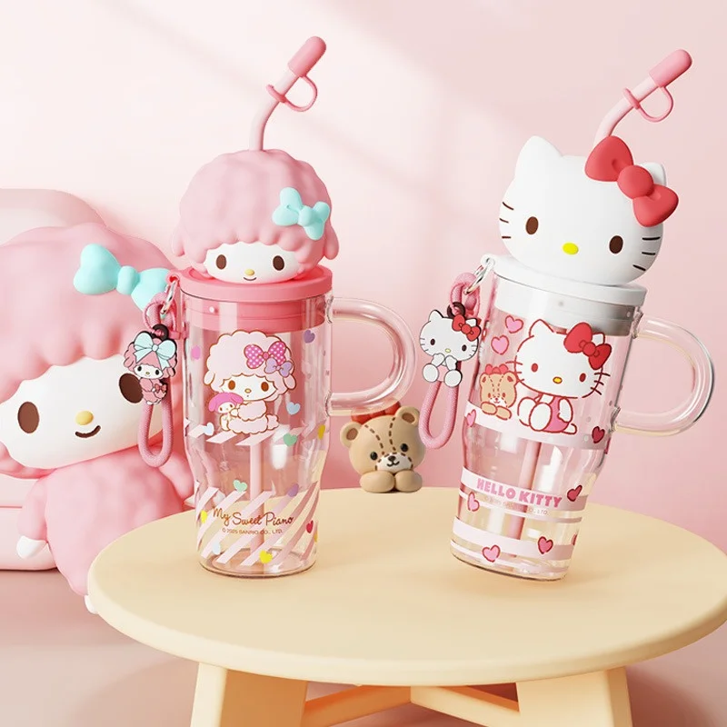 X&W for Sanrio Desktop Glass Cup Cartoon Hello kitty Straw Water Cup with Handle＆Loop＆Doll Lid High Borosilicate Glass Drinkware