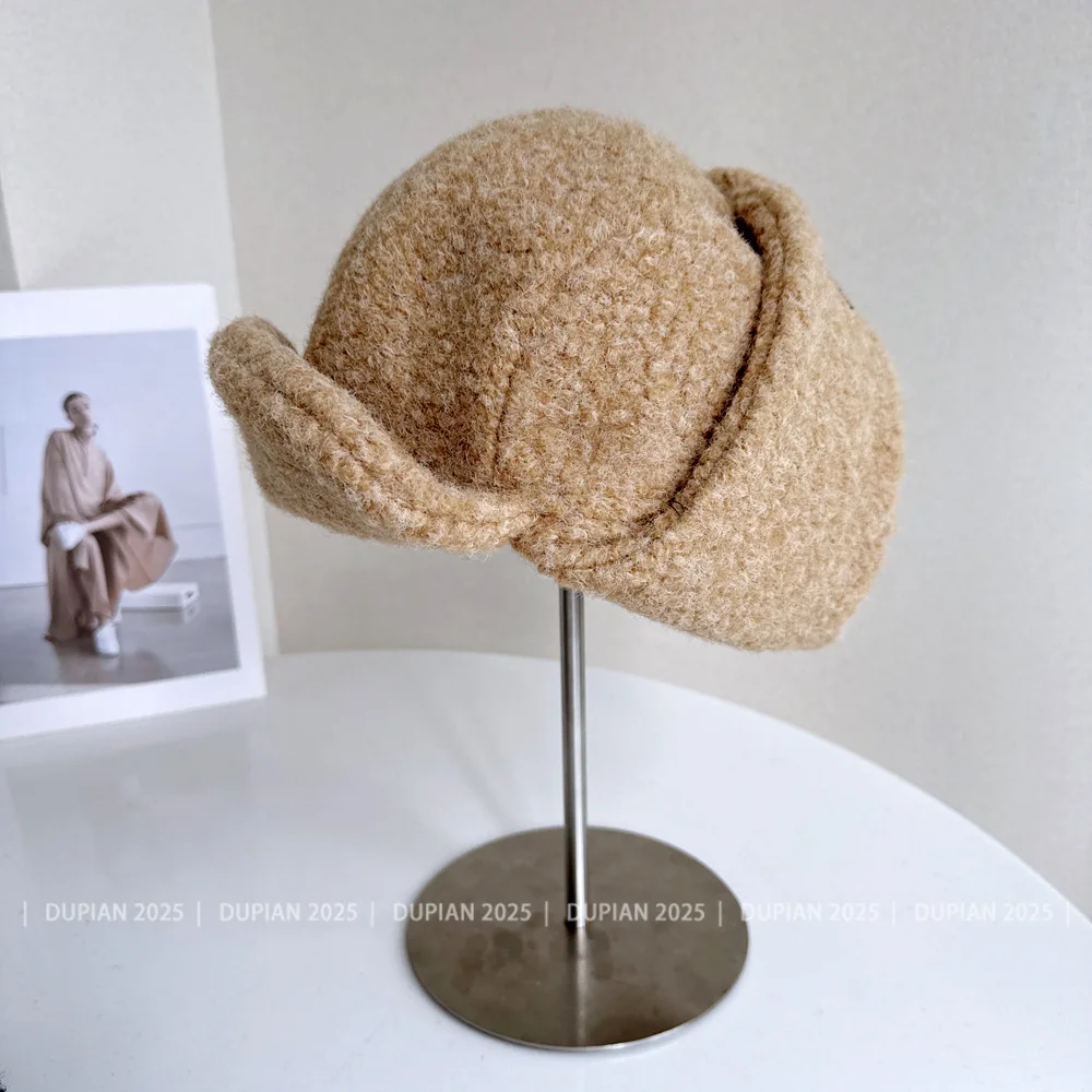 Japanese Solid Color Lamb Wool Bomber Hat Women Autumn Winter Fleece Thickened Cap Outdoor Ear Protection Hat Flying Hat Tide