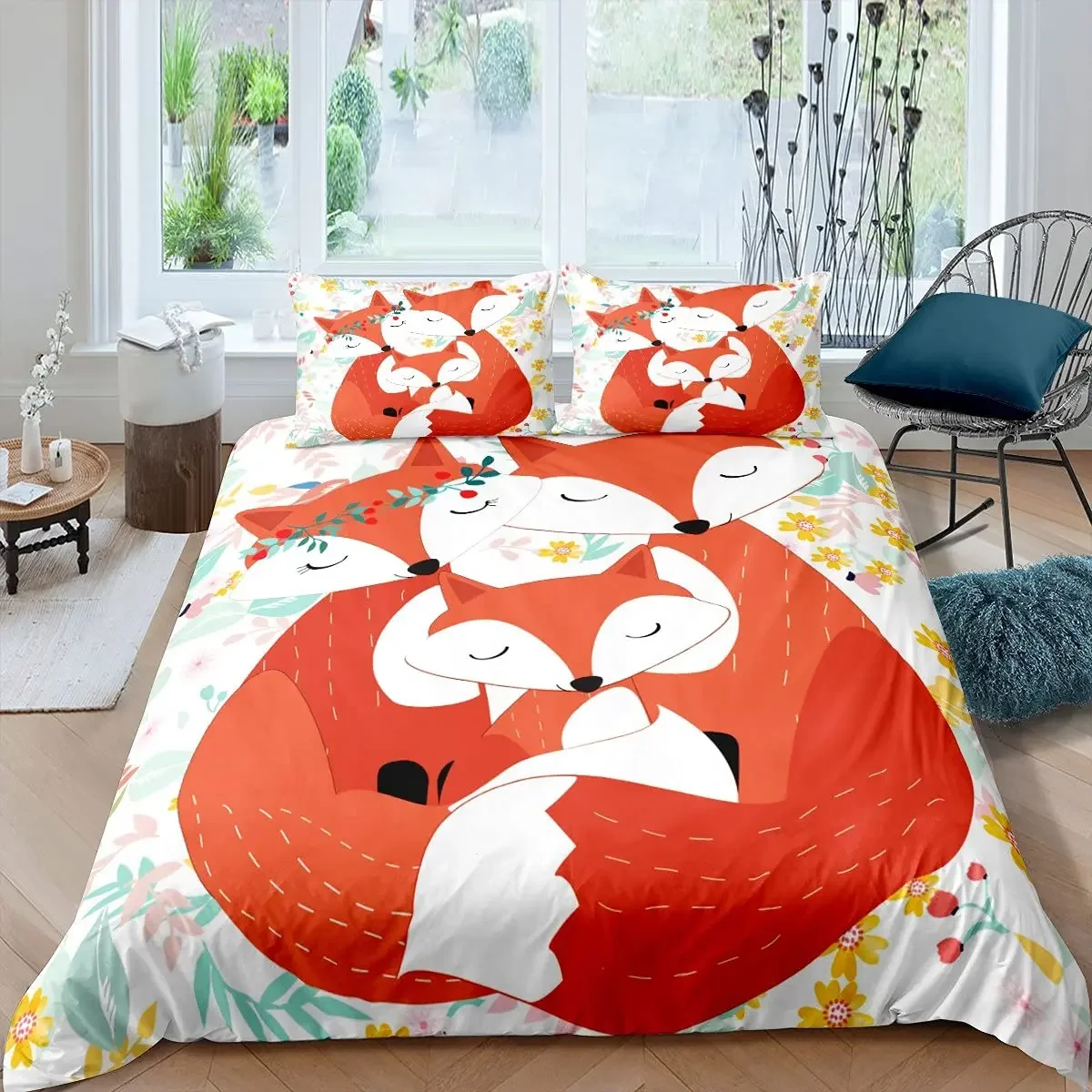 Fox King Queen Duvet Cover Kawaii Cartoon Fox Family Bedding Set for Kids Cute Orange Wild Animal 2/3pcs Polyester Quilt Cover