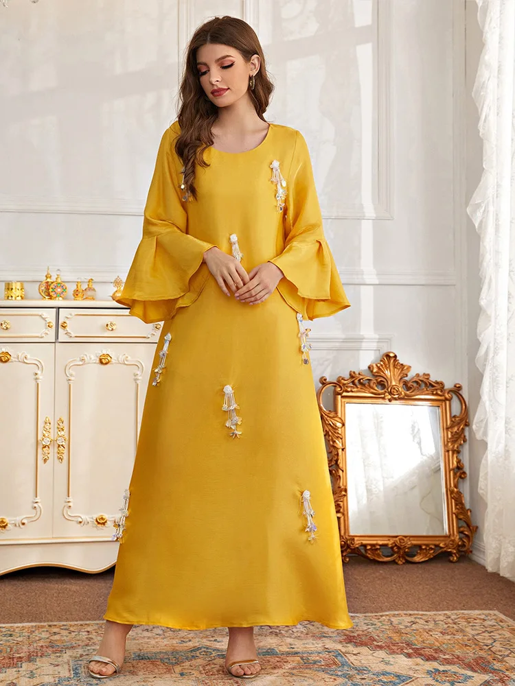 Satin Abayas für Frauen Muslimischen Blume Maxi Kleid Mode Dubai Kaftan Türkei Eid Djellaba Islamischen Jalabiya Kaftan Marocain Femme