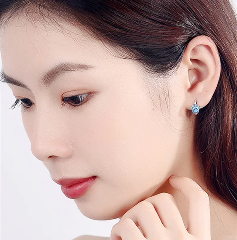 

Детские серьги-кольца принцессы из стерлингового серебра 925 пробы с синим кристаллом, милые серьги-кольца в виде кошачьей лапы для детей и девочек, женские серьги-петли, ювелирные изделия