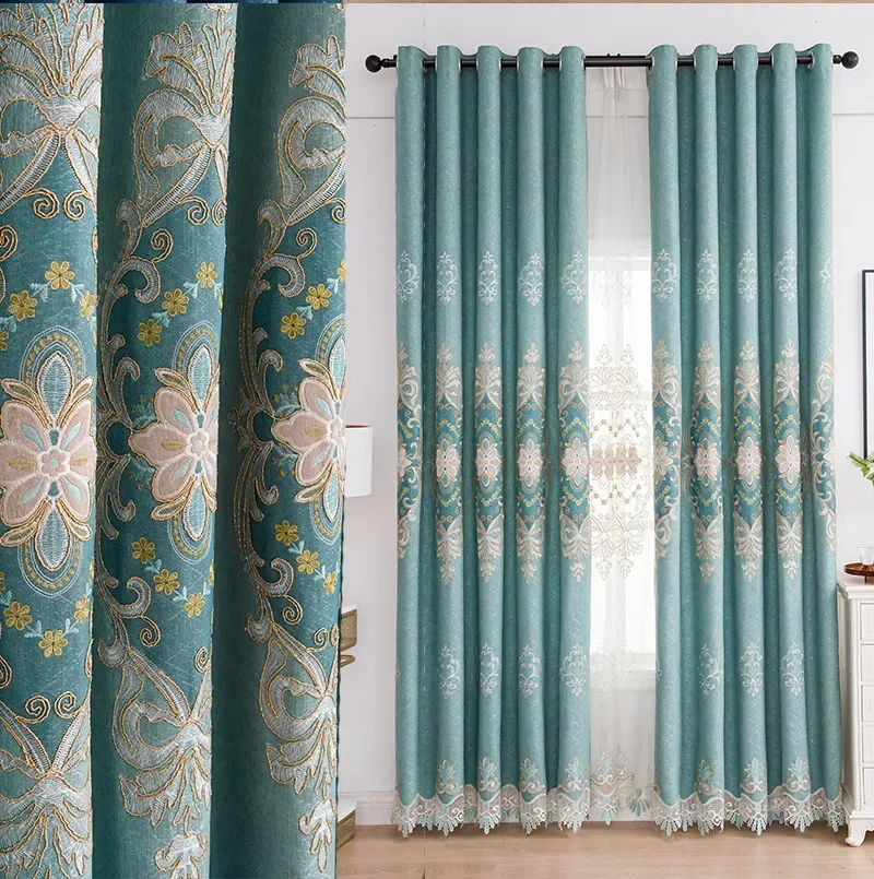European Style Chenille Velvet Embroidered Water Soluble Embroidery Jacquard Finished Curtains for Living Dining Room Bedroom