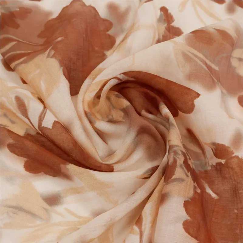The Hanfu fabric is made of slightly translucent and bony fallen leaves orange-yellow with large floral printed jacquard linen