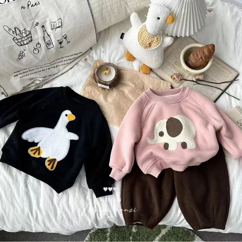 

LYY-Girls' Winter Children's Clothing New Fleece-lined Cartoon Print Sweatshirt Baby Girls' All-Matching Outer Wear Warm Top