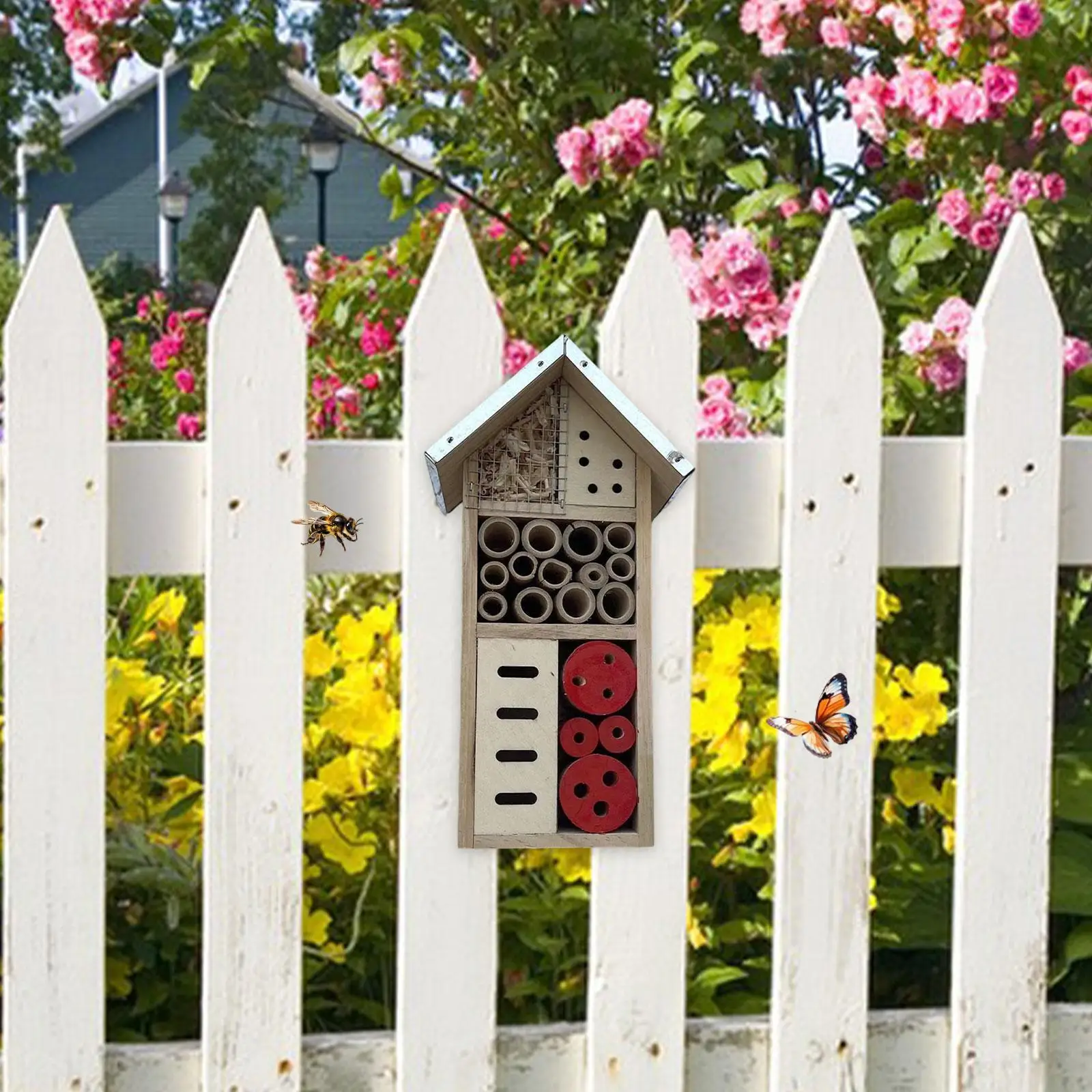 

Wooden Hanging Bee House Nest Home Yard Butterfly Hotel for Pollinators Bees