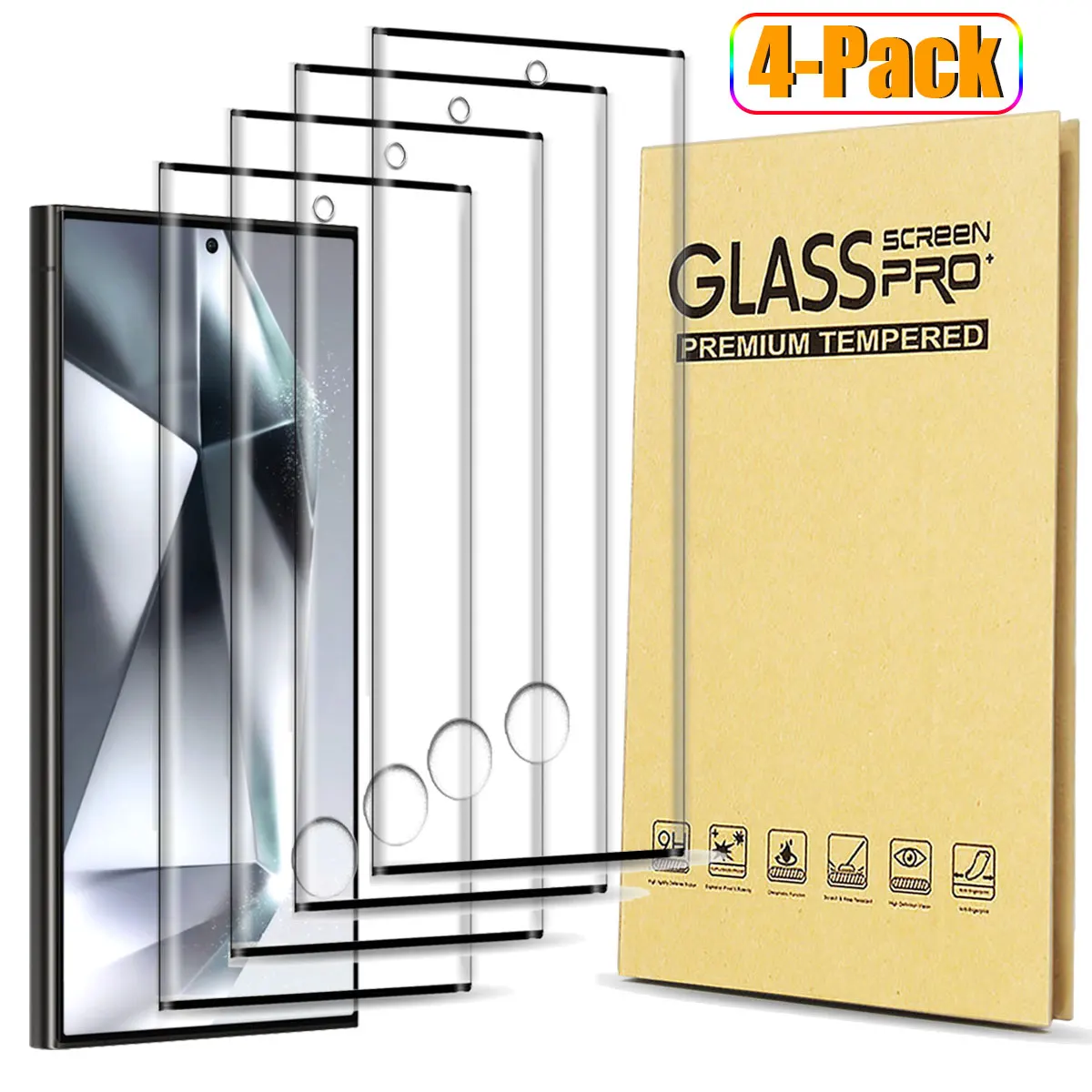 For Samsung Galaxy S24/S24 Plus/S24+/S24 Ultra 5G Case Friendly Full Coverage Clear Tempered Glass Screen Protectors 4-Pack